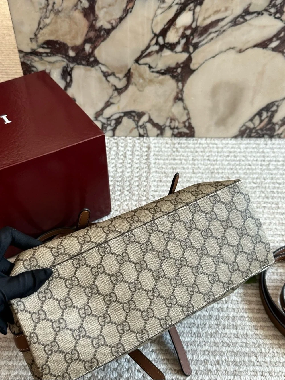 Gucci Beige GG Supreme Canvas Tote with Black Trim and Green-Red Webbing